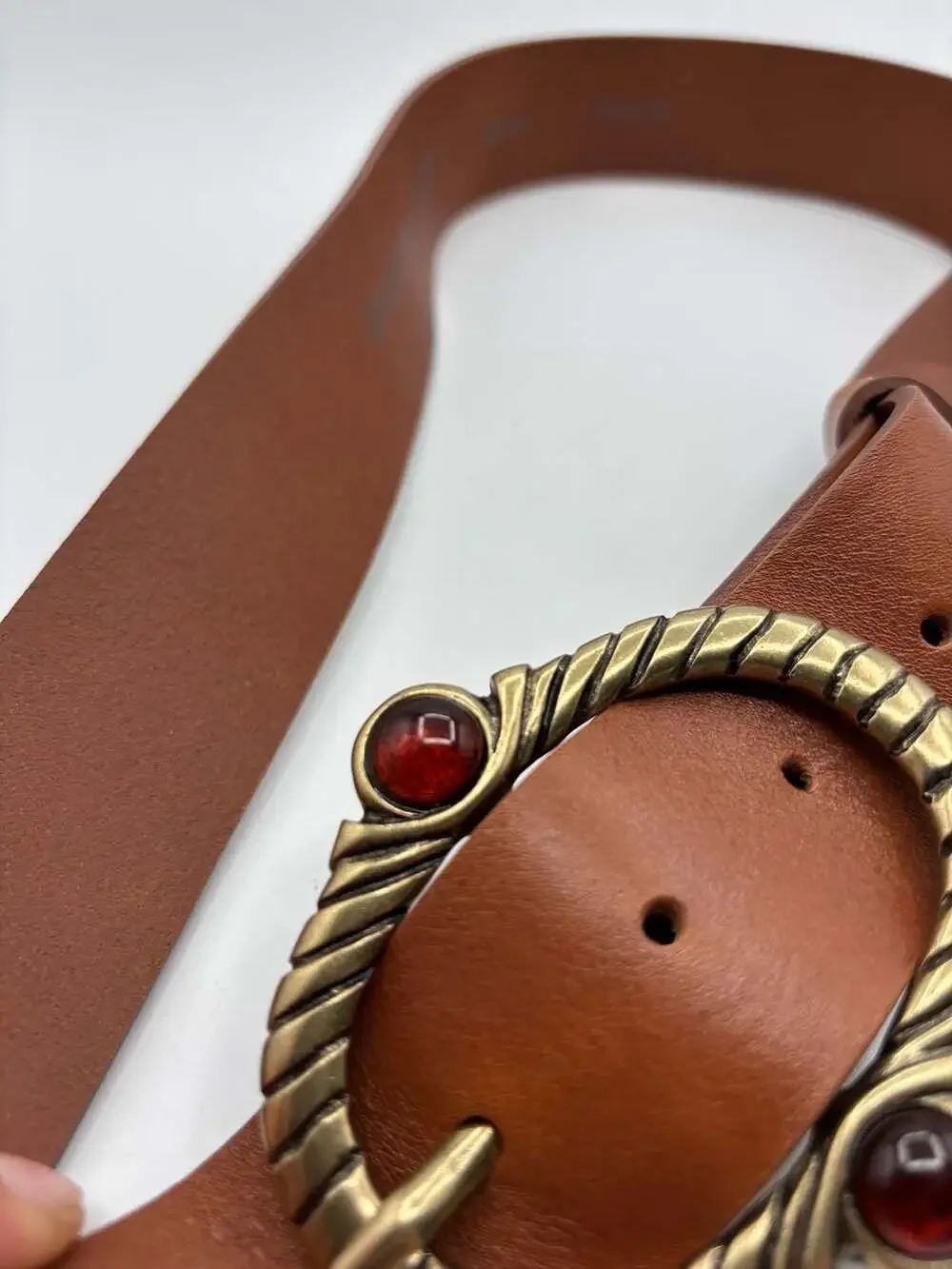 Bronzino Genuine Leather Brown Belt with Ornate Brass and Stone Buckle